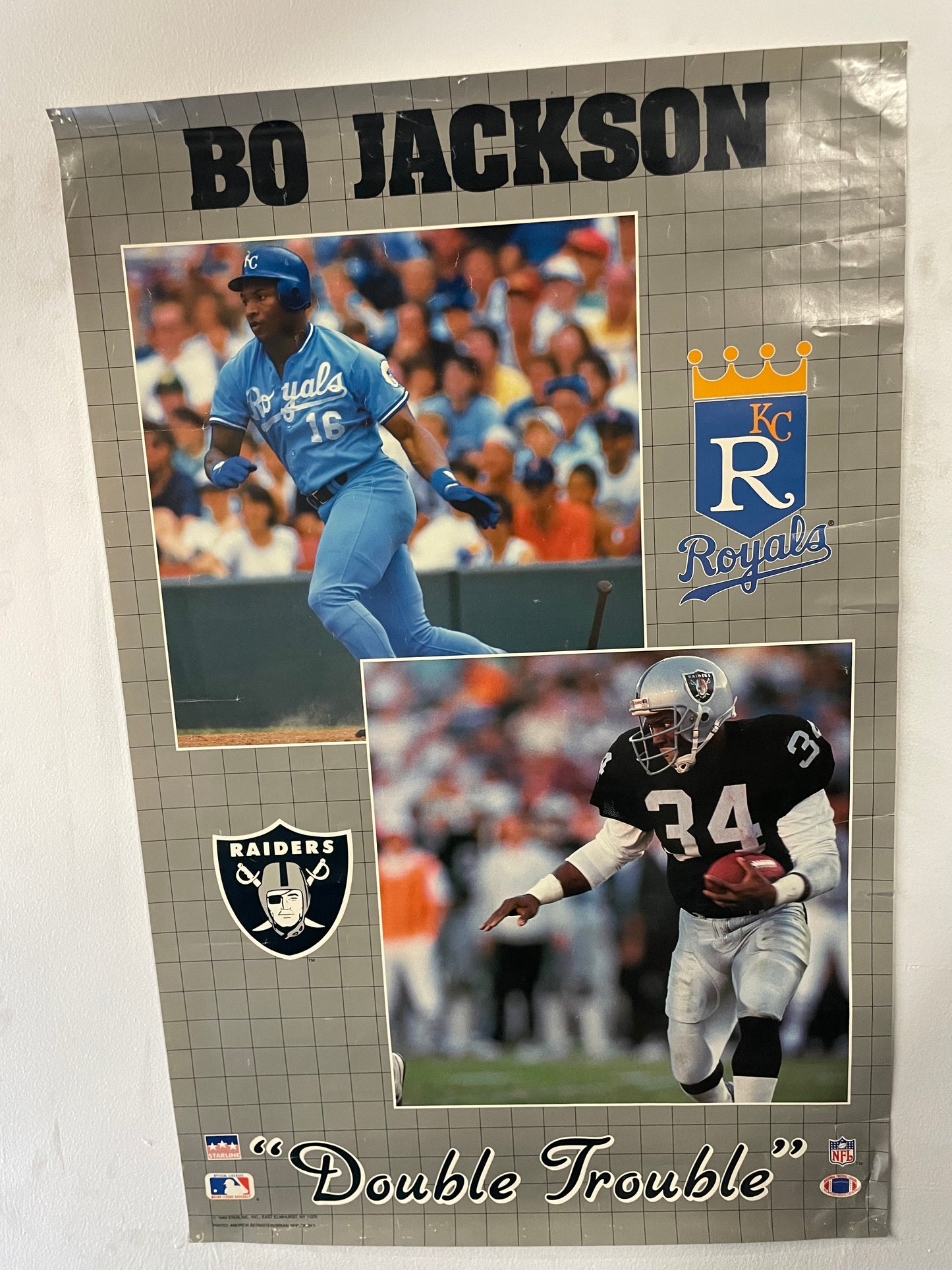 vintage 1980s Bo Jackson Double Trouble Kansas City Royals & Los Angeles raiders poster