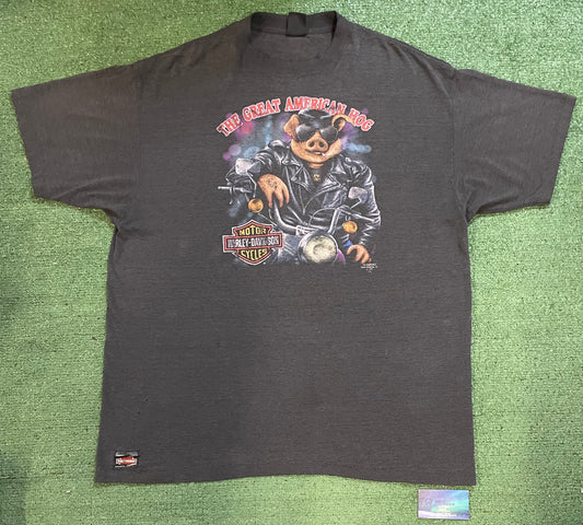 Vintage 1990s 3D Emblem The Great American Hog Harley Davidson tee