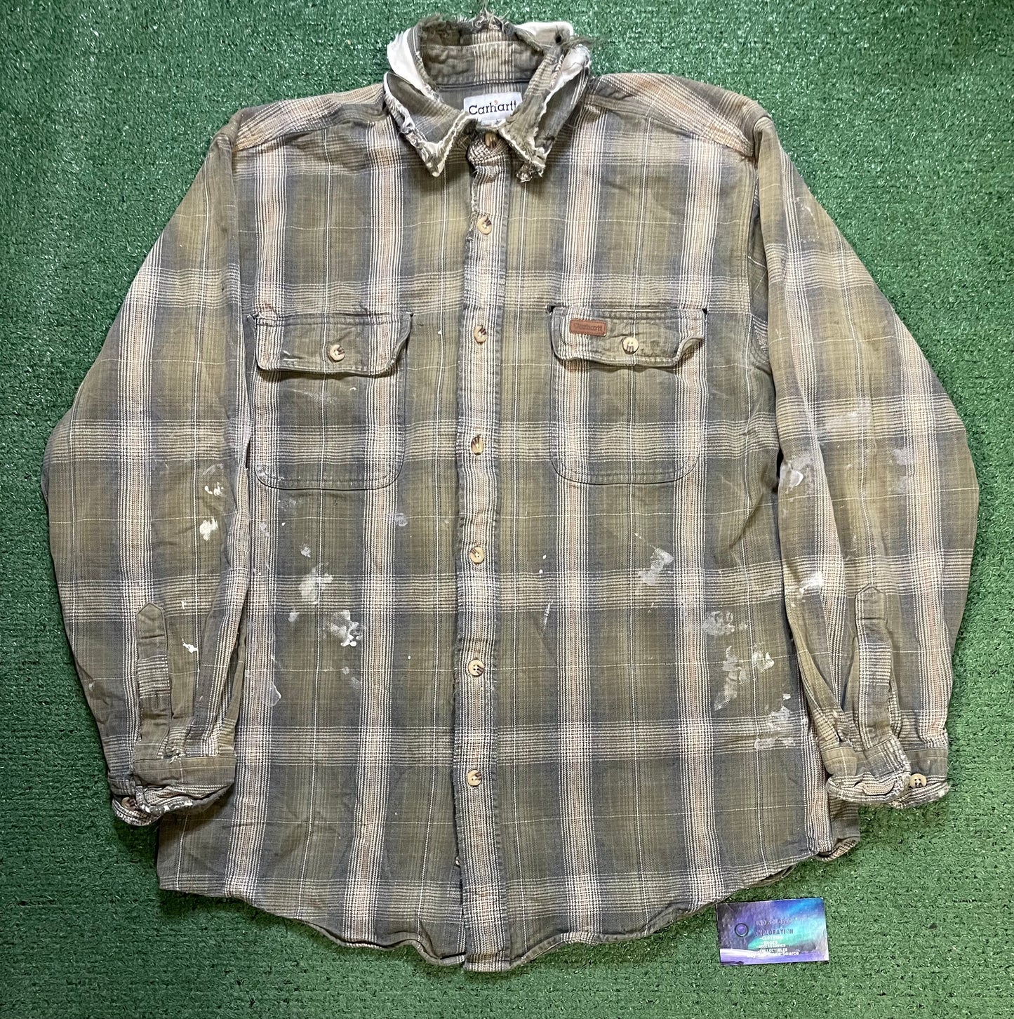 Carhartt distressed green & beige flannel