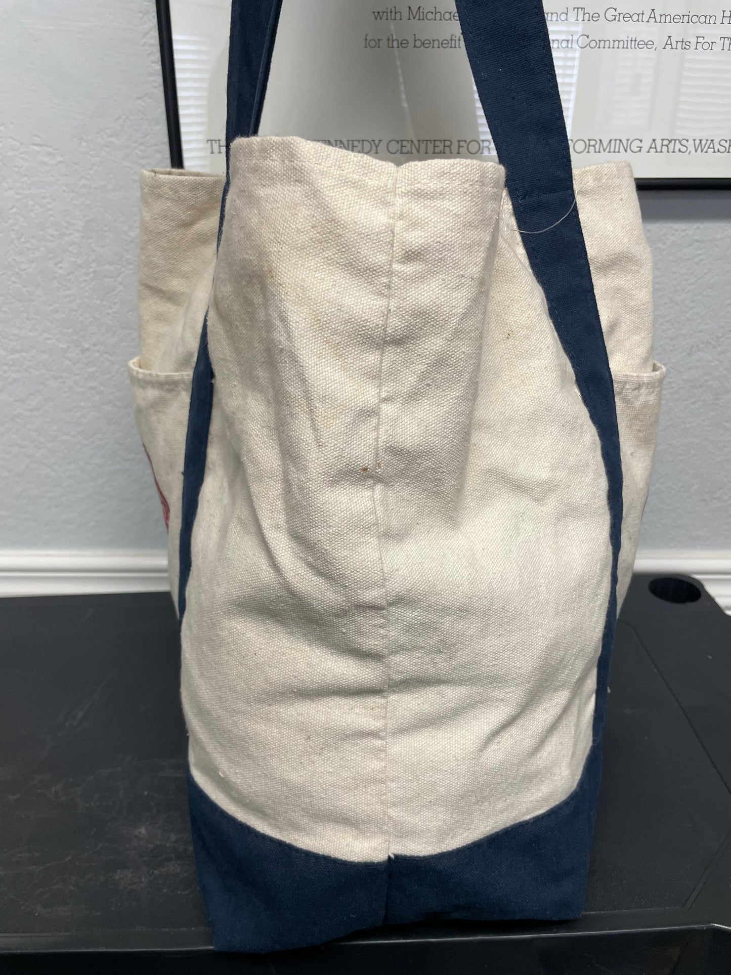 Trader Joe’s heavy duty cream and navy tote bag