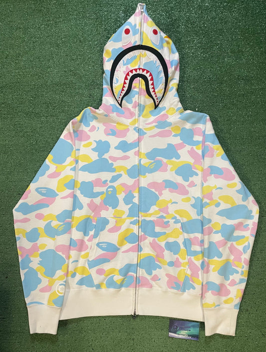 Bape white multi camo cotton candy shark hoodie