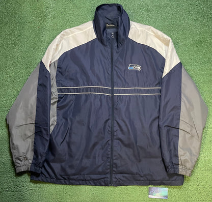 Vintage 2000s Seattle Seahawks white and blue windbreaker zip up jacket