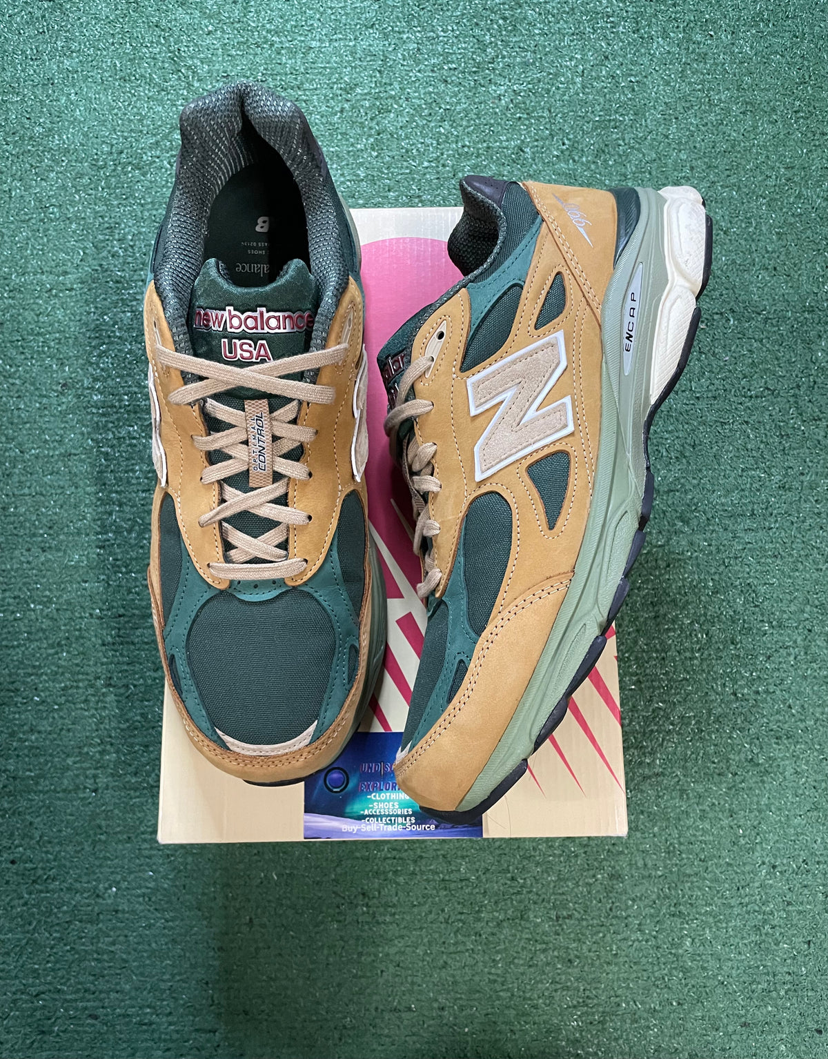 New Balance 990v3 Teddy Santis green & tan size 12men/13.5women