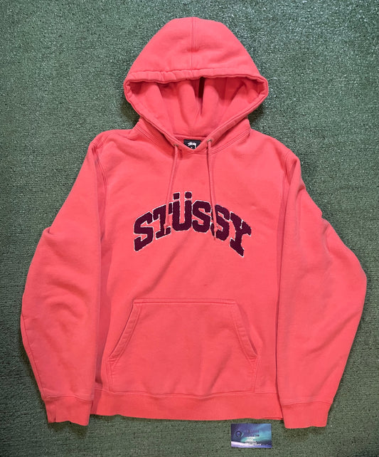 Stüssy Chenille Arch spellout coral hoodie