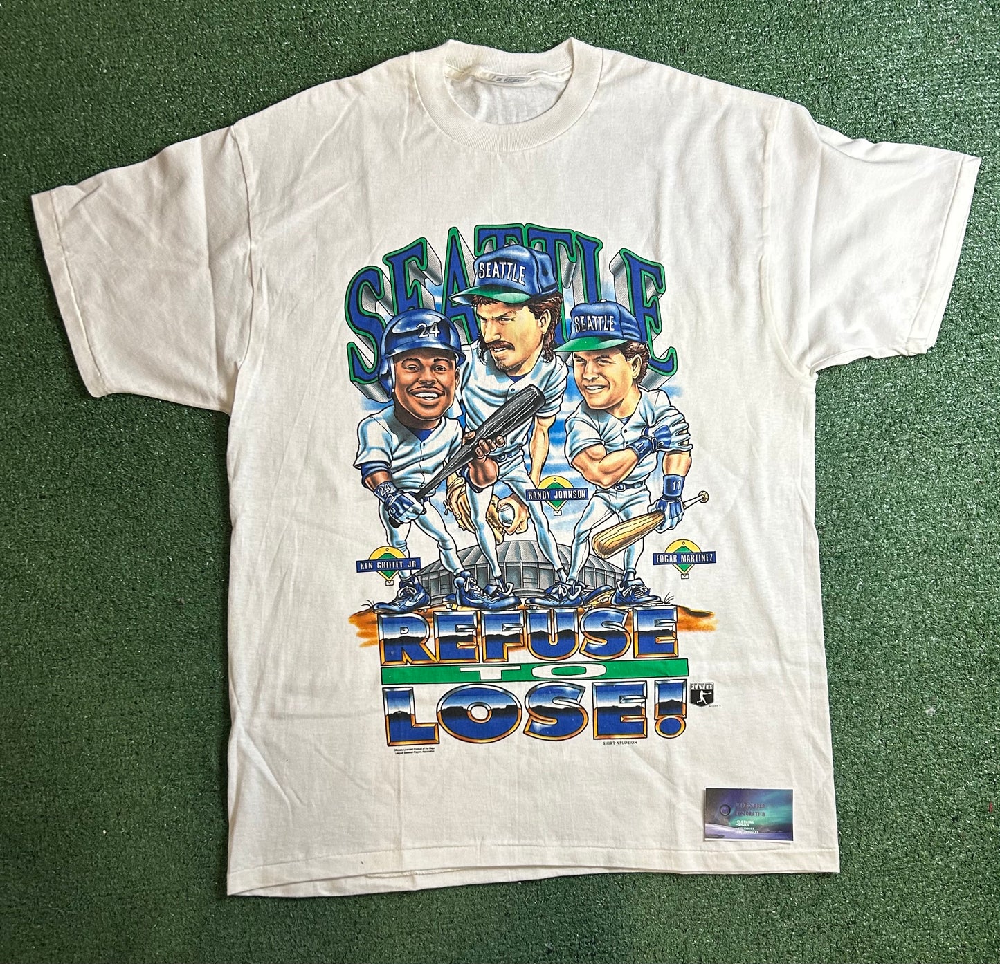 Vintage 1990s Seattle mariners refuse to lose caricature Ken Griffey jr Randy Johnson Edgar Martinez tee