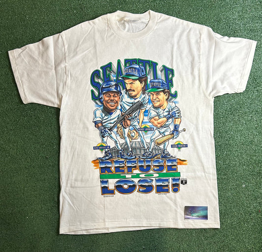 Vintage 1990s Seattle mariners refuse to lose caricature Ken Griffey jr Randy Johnson Edgar Martinez tee