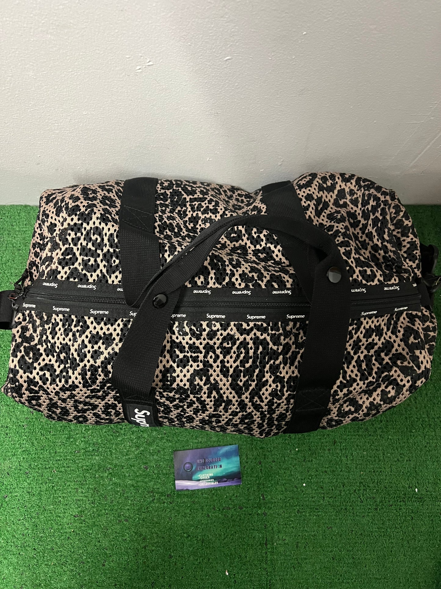 Supreme mesh leopard duffle bag