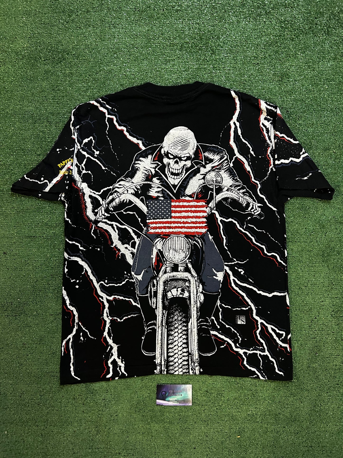 Vintage 1990s USA motorcycle all over print skeleton tee