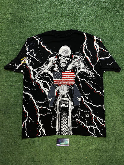 Vintage 1990s USA motorcycle all over print skeleton tee