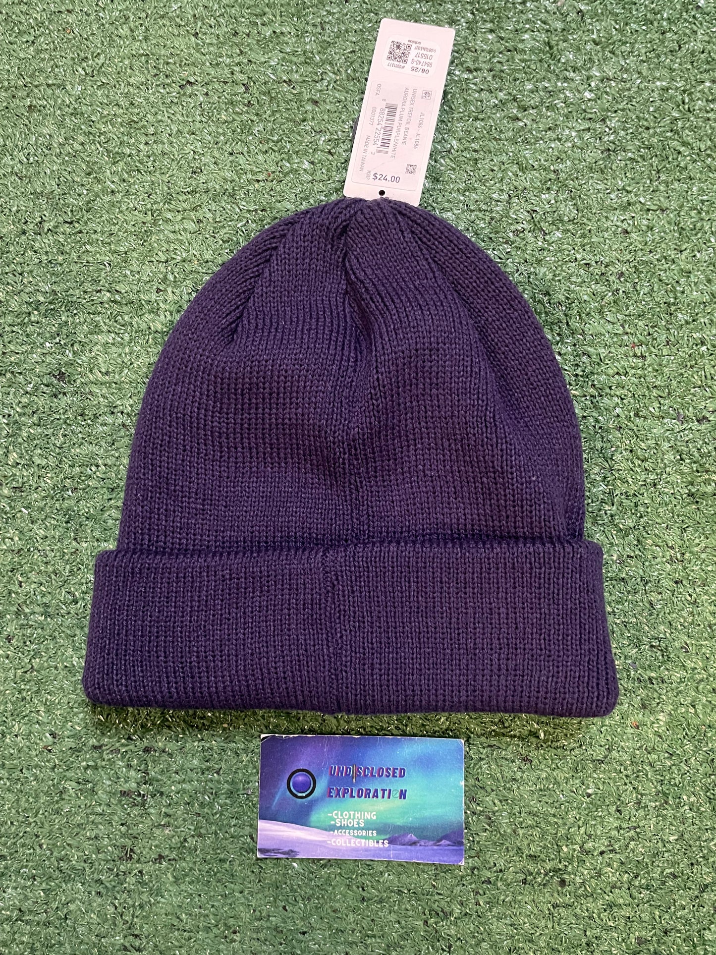 Adidas purple trefoil beanie