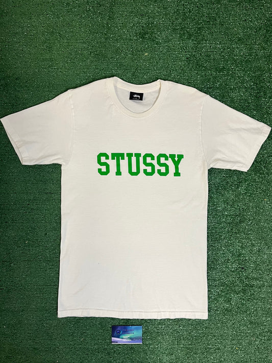 Stussy spellout white and green tee