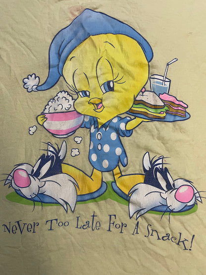 Vintage 2000s looney tunes Tweety bird never too late for a snack yellow tee