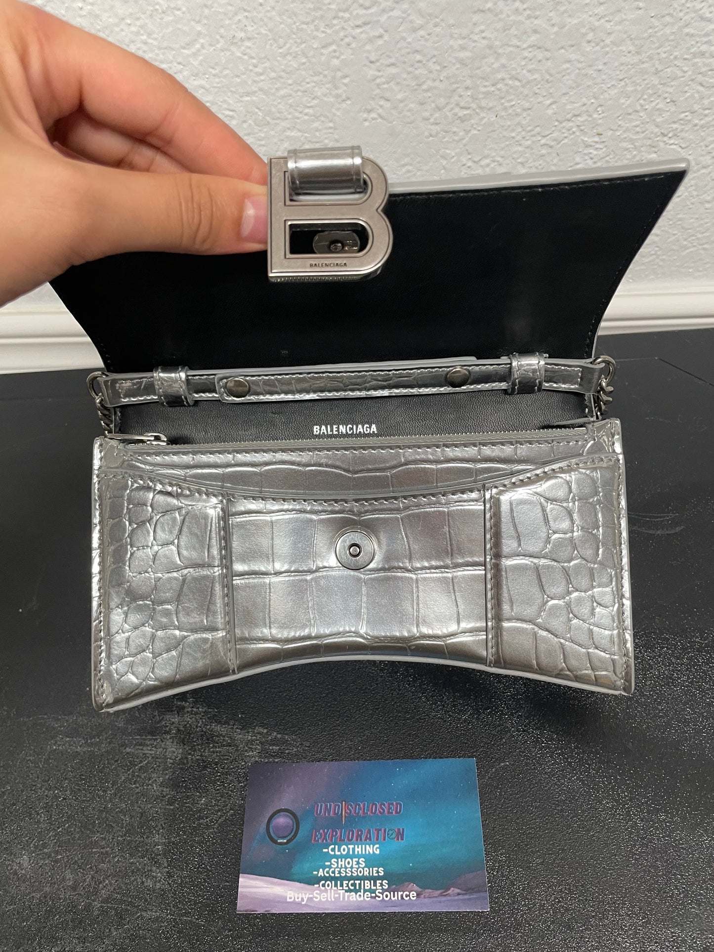 Balenciaga silver Metallic Crocodile Hourglass Chain purse