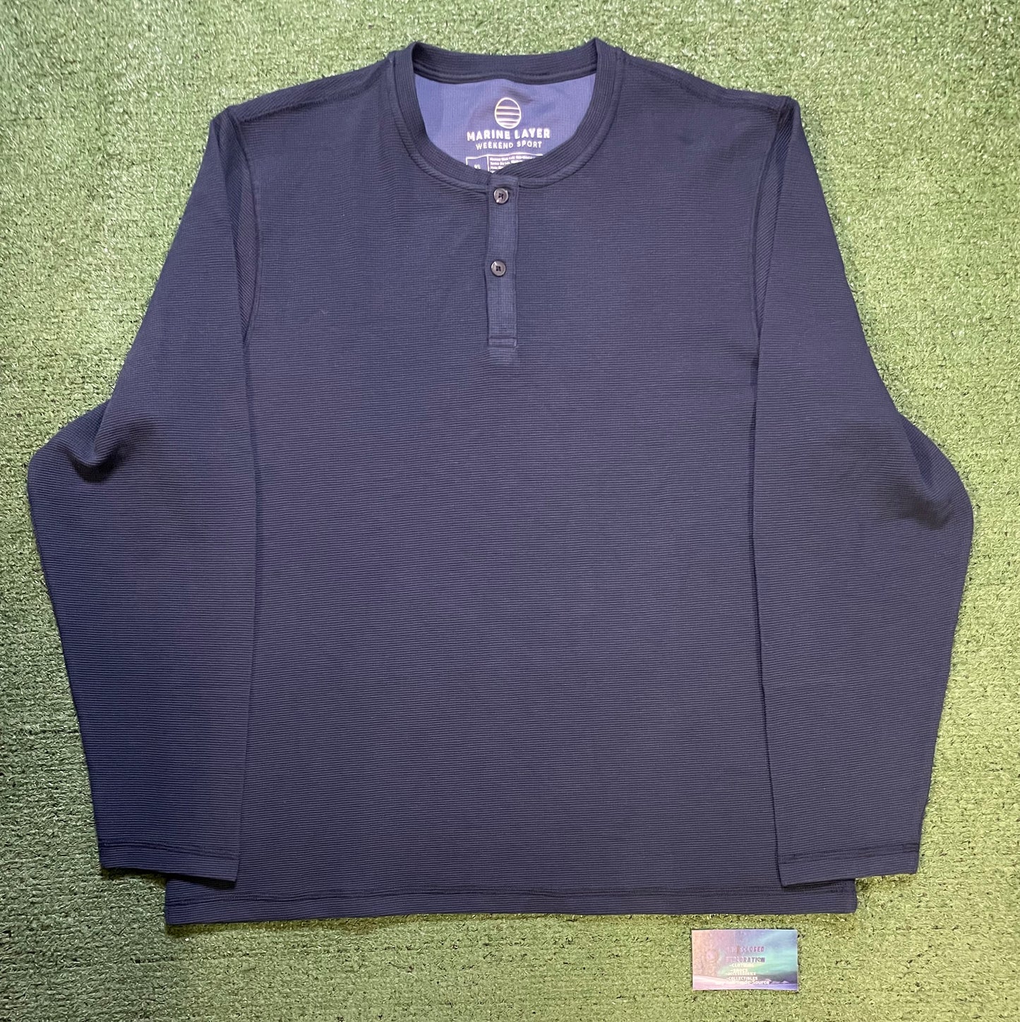 Marine Layer Weekend Sport long sleeve waffle knit henley navy shirt