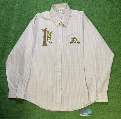 H&J embroidered cat embroidered white and purple button up