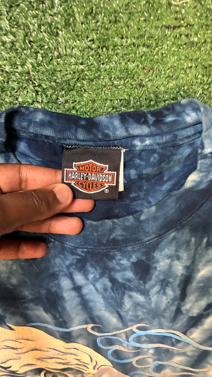 Vintage 1990s Harley Davidson blue and white tie dye tee