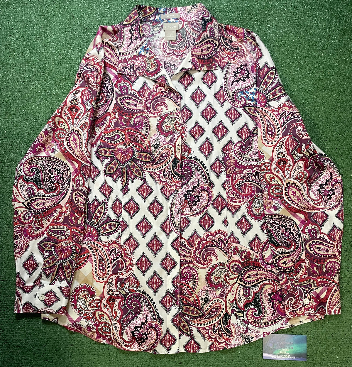 Chico’s mixed-print paisley and geometric button up