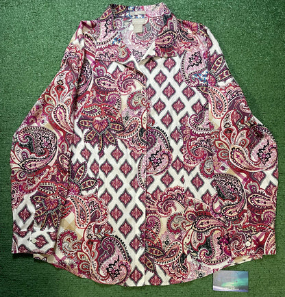 Chico’s mixed-print paisley and geometric button up