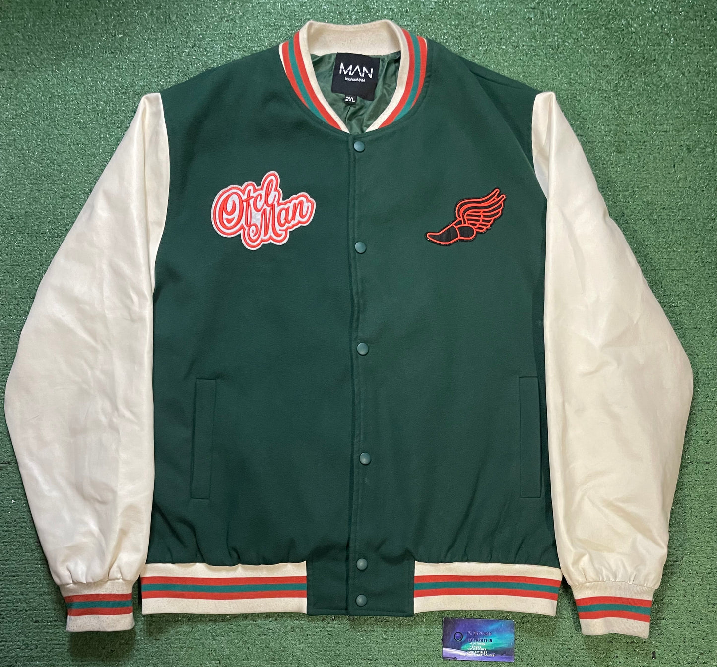 BOOHOOMAN green & orange varsity jacket