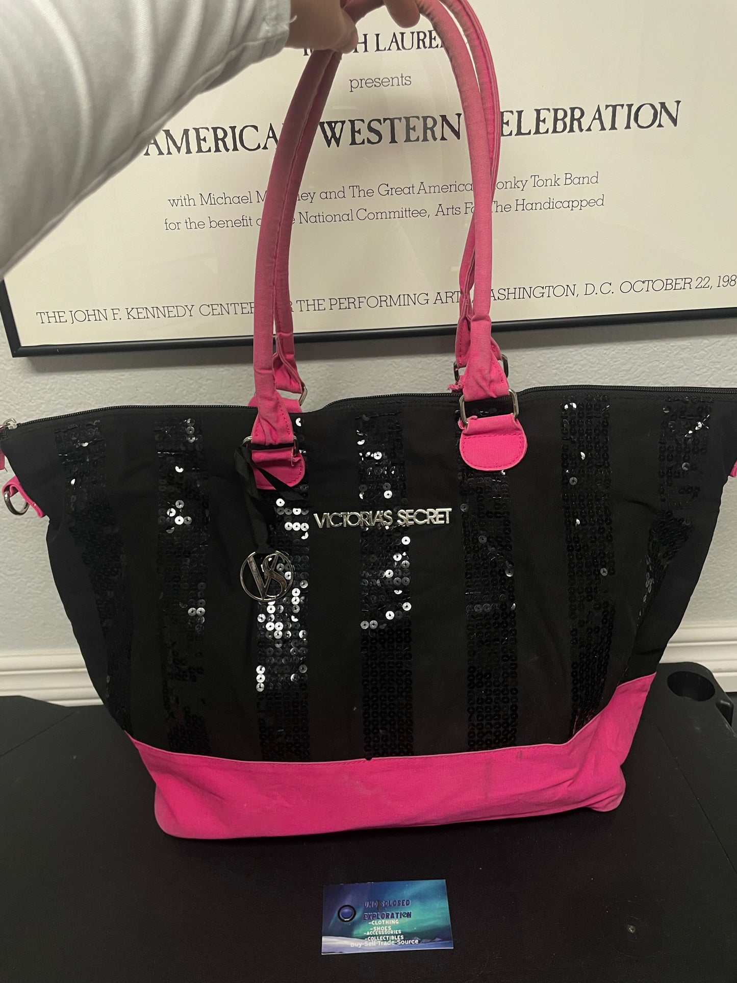 Victoria's Secret black and pink sequin tote bag