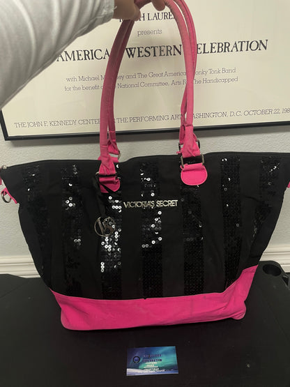 Victoria's Secret black and pink sequin tote bag