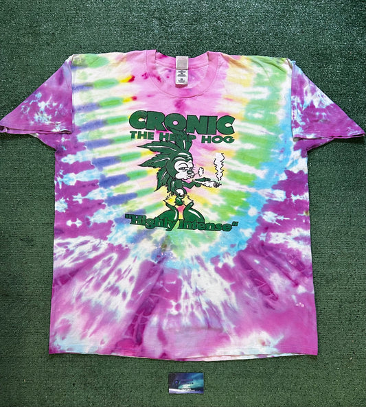 Vintage 1990s Cronic the hemp hog highly intense hooked on cronic double sided tie dye tee