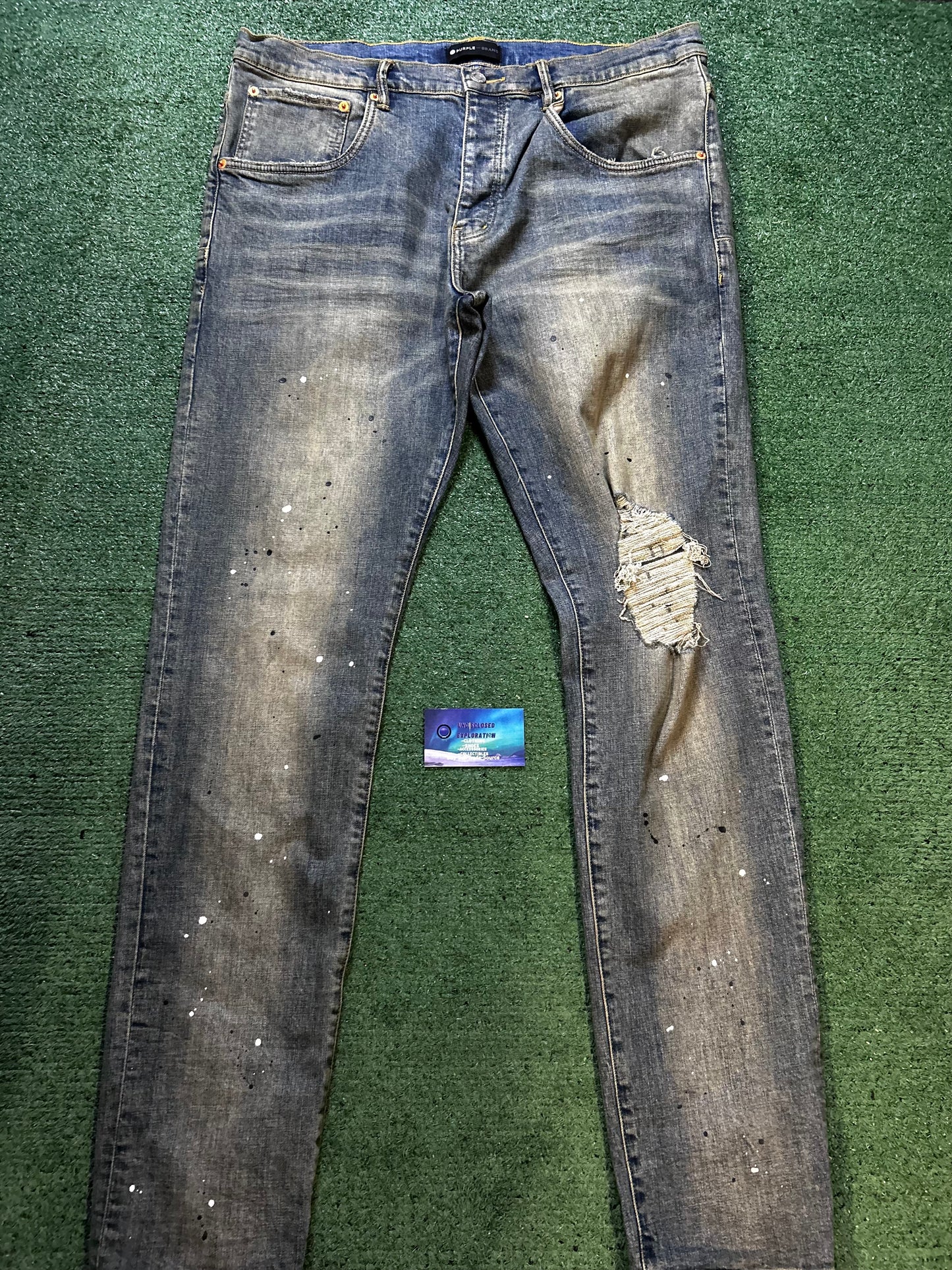 Purple brand P002 indigo paint splatter jeans