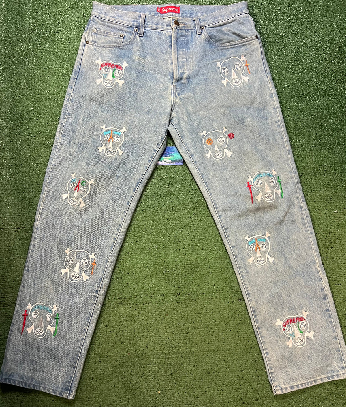 Supreme Clayton Patterson Skulls Embroidered light wash Jeans