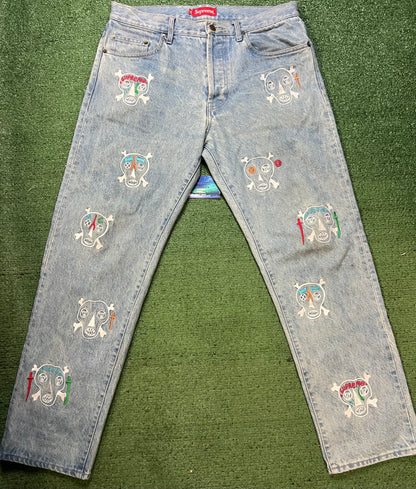 Supreme Clayton Patterson Skulls Embroidered light wash Jeans