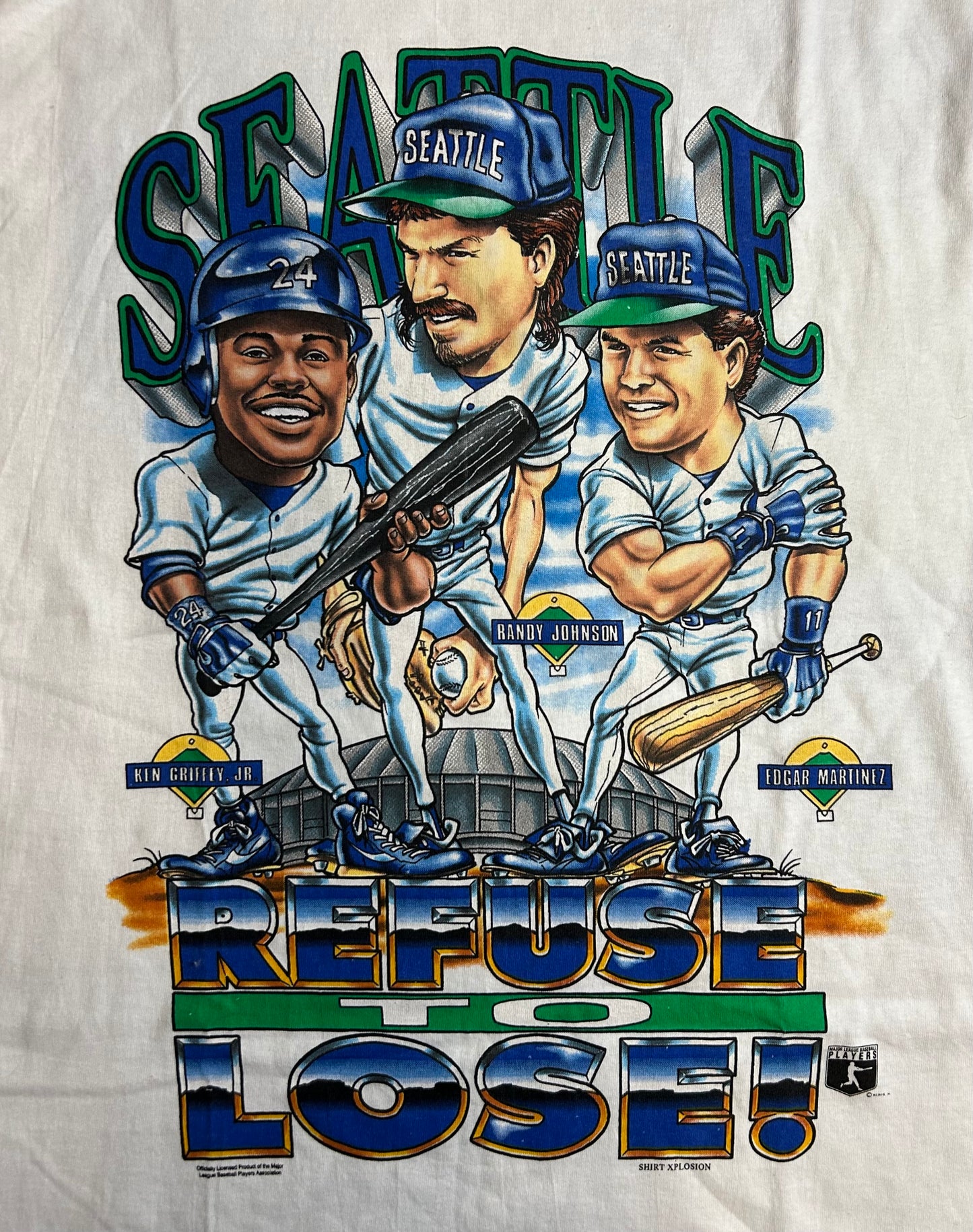 Vintage 1990s Seattle mariners refuse to lose caricature Ken Griffey jr Randy Johnson Edgar Martinez tee