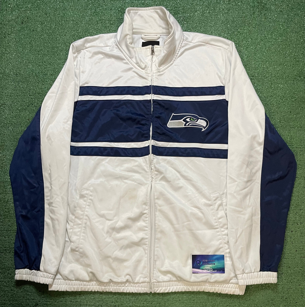 Vintage 2000s Seattle Seahawks white & navy blue zip up track jacket