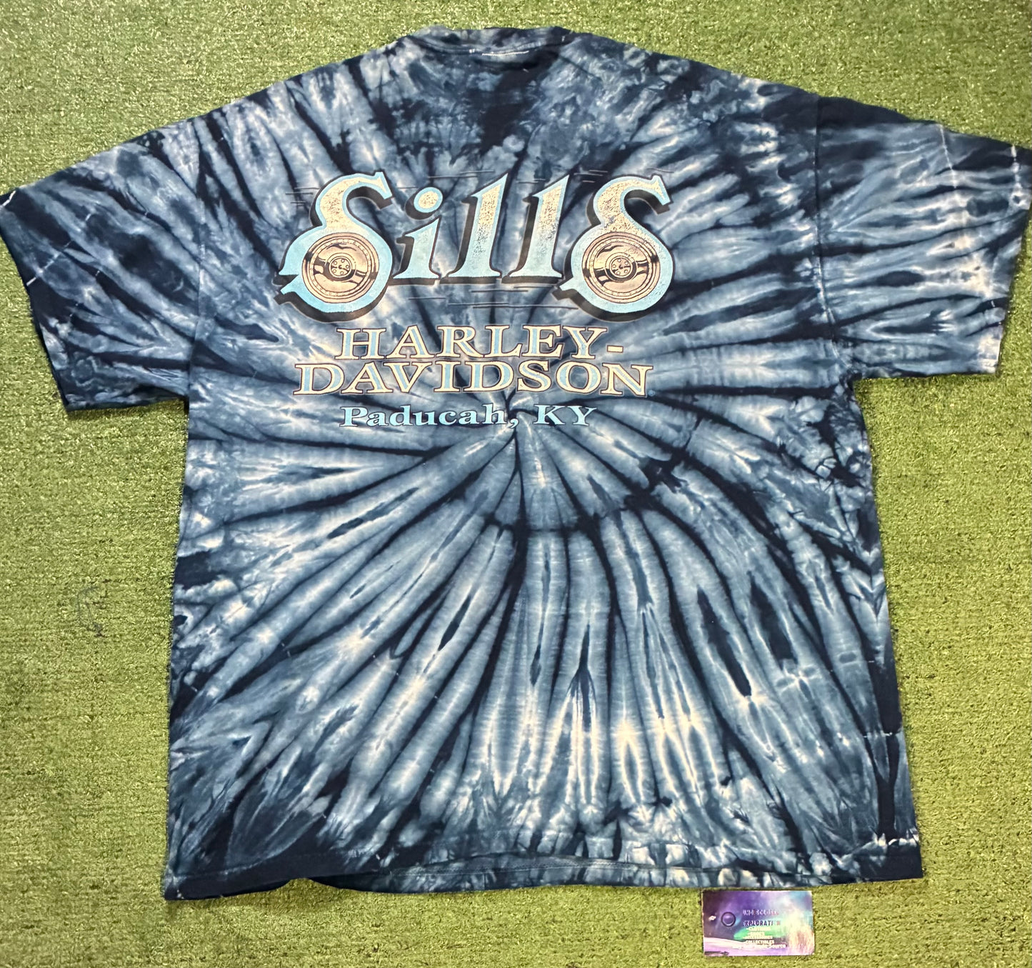Vintage 1990s Harley Davidson blue and white tie dye tee