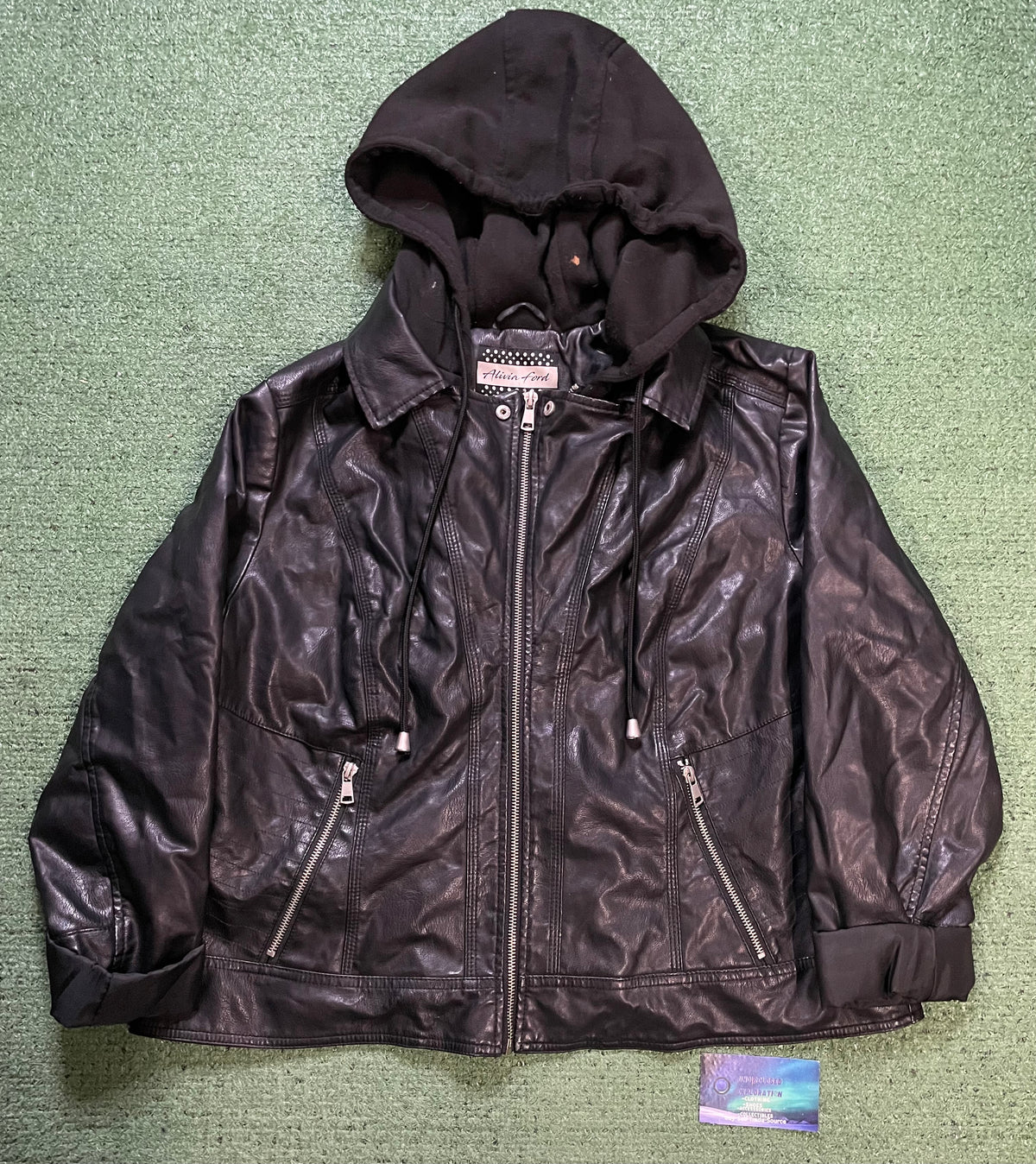 Alivia Ford  black Leather hooded jacket