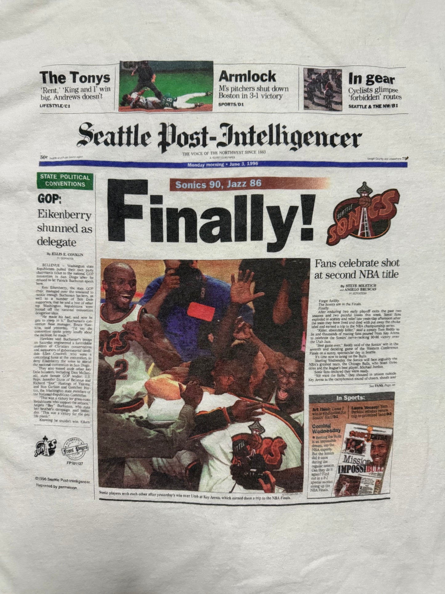 Vintage Seattle SuperSonics Finals Newspaper Shirt