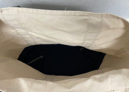 Trader Joe’s heavy duty cream and navy tote bag