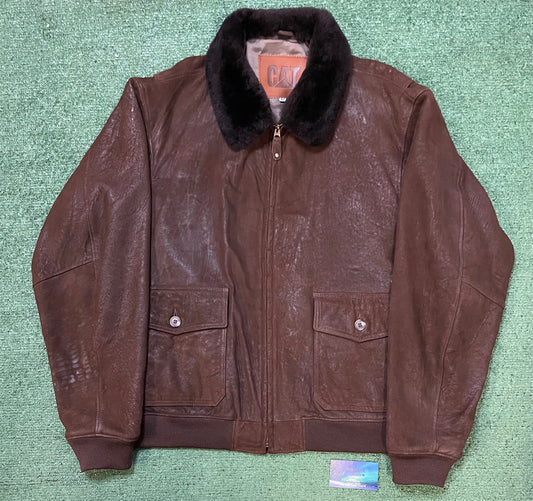 Vintage 1980s CAT aviator bomber brown leather jacket