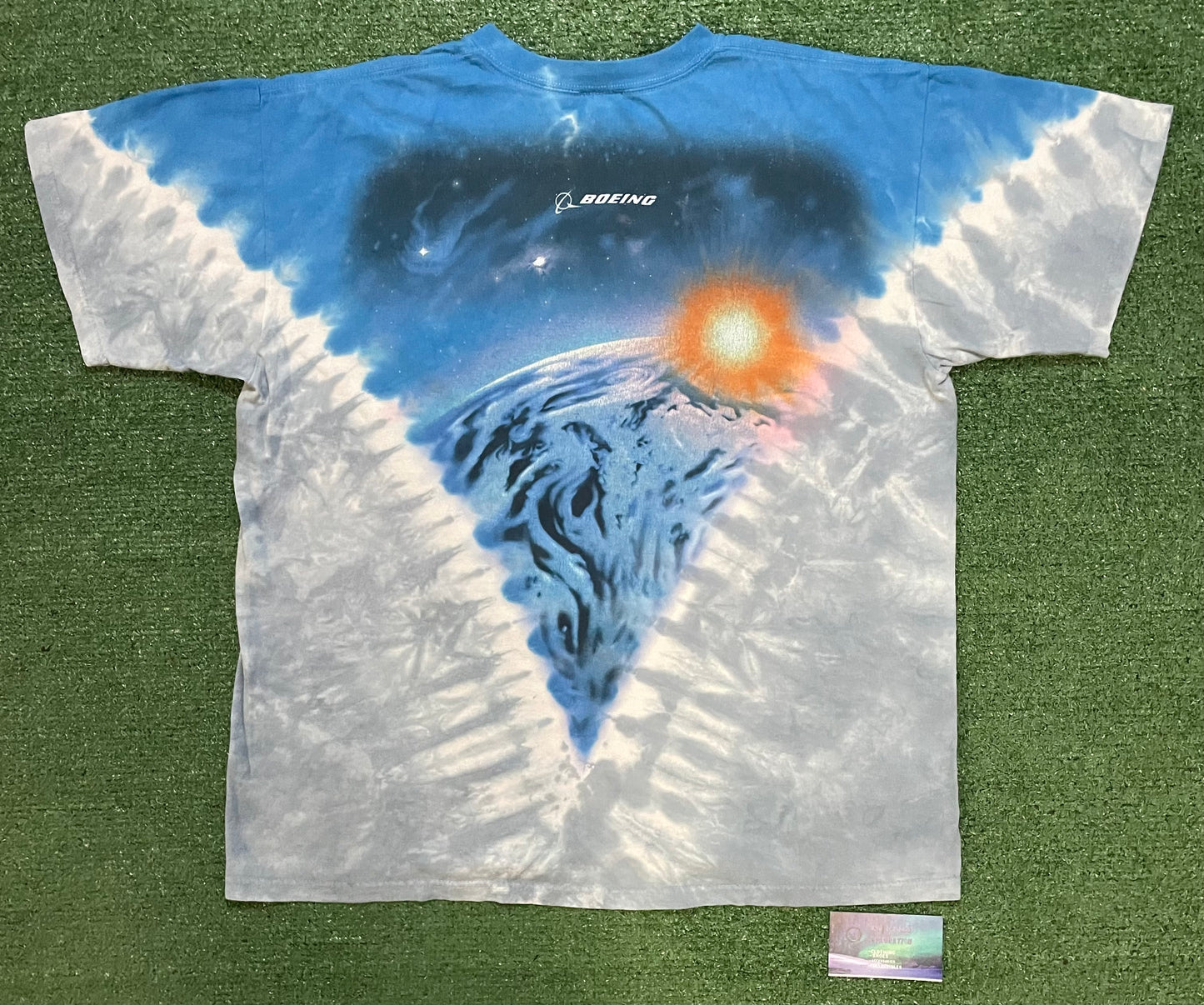 Vintage 1990s Boeing liquid blue all over print rocket ship tee