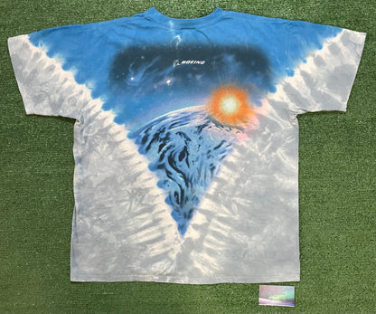 Vintage 1990s Boeing liquid blue all over print rocket ship tee