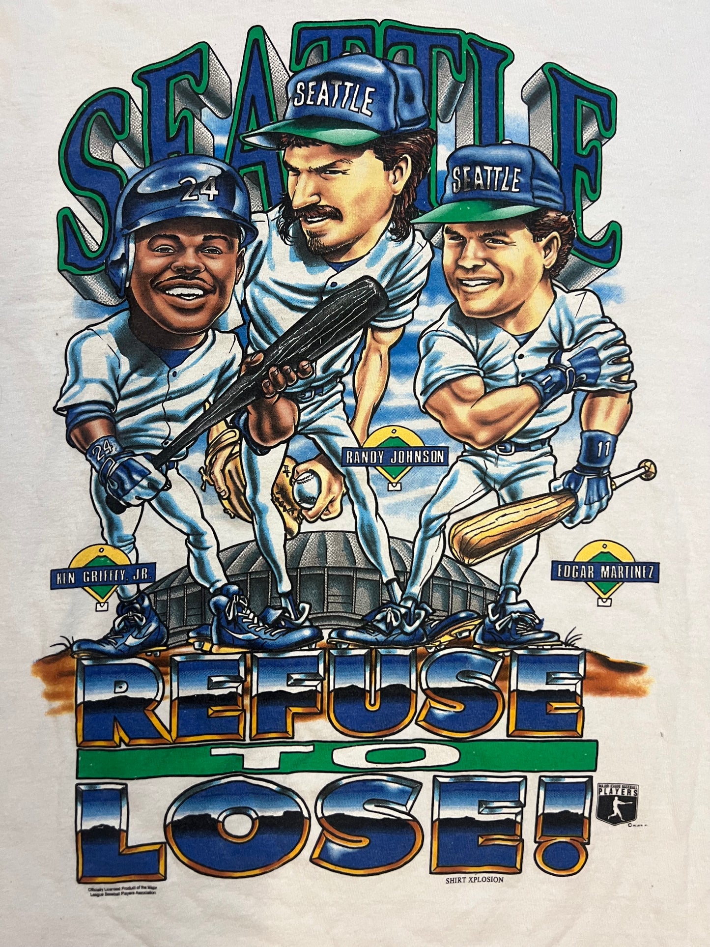 vintage 1990s Seattle Mariners Refuse to Lose caricature Ken Griffey Jr Randy Johnson Edgar Martinez tee
