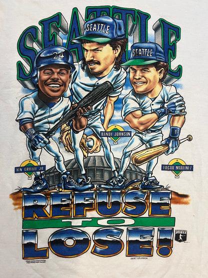 vintage 1990s Seattle Mariners Refuse to Lose caricature Ken Griffey Jr Randy Johnson Edgar Martinez tee