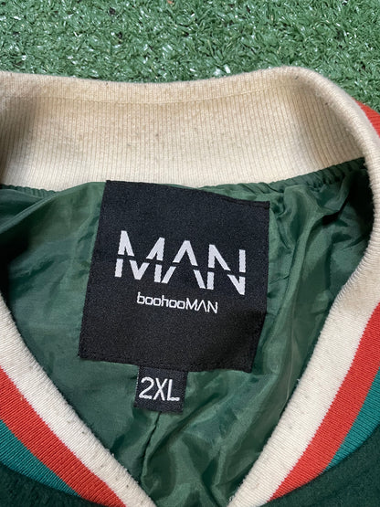 BOOHOOMAN green & orange varsity jacket