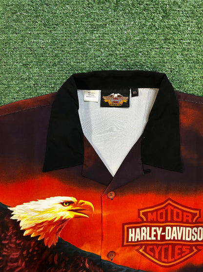 Vintage Harley Davidson eagle all over print orange button up
