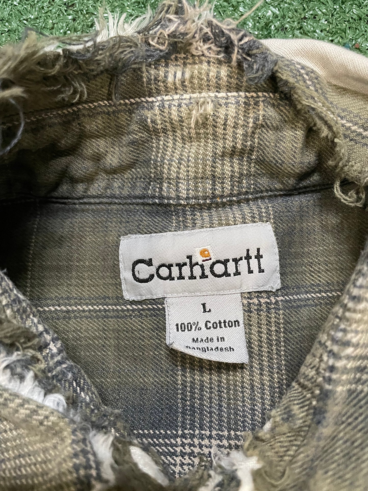 Carhartt distressed green & beige flannel