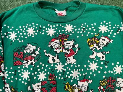 Vintage 1990s Christmas cats green crewneck