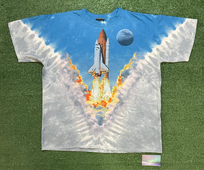 Vintage 1990s Boeing liquid blue all over print rocket ship tee