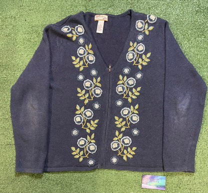 Vintage blue embroidered floral cardigan