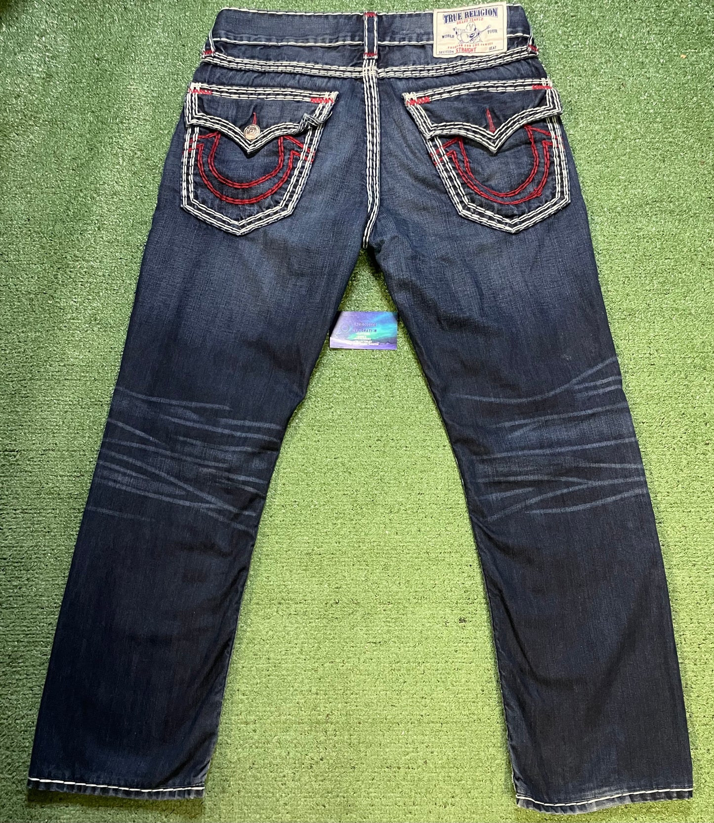 True Religion dark wash red stitching straight jeans