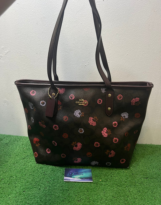 Coach peony floral oxblood cherry tote bag
