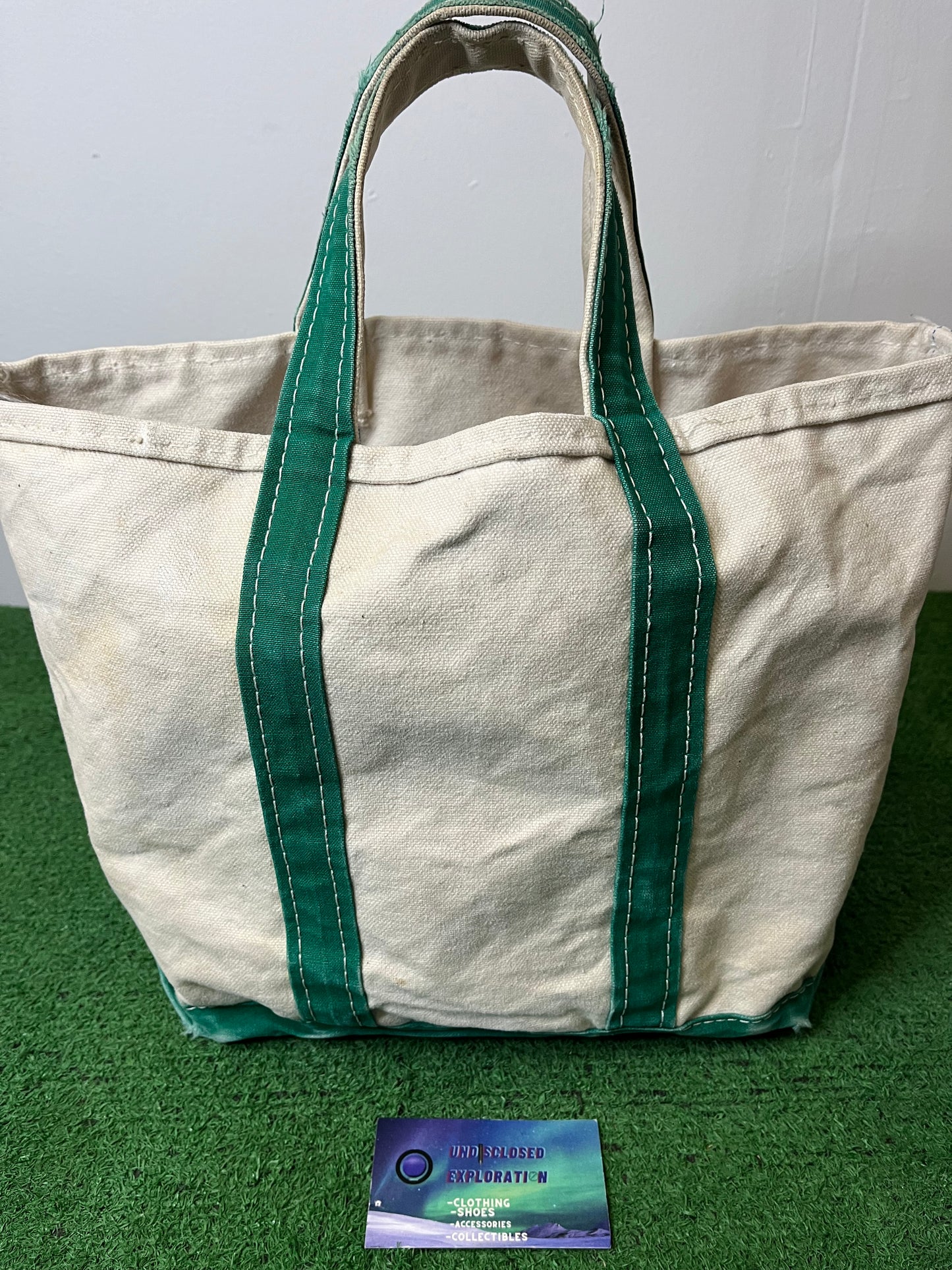 Vintage L.L Bean Boat And Tote Green Trim And Cream Canvas Tote Made In USA