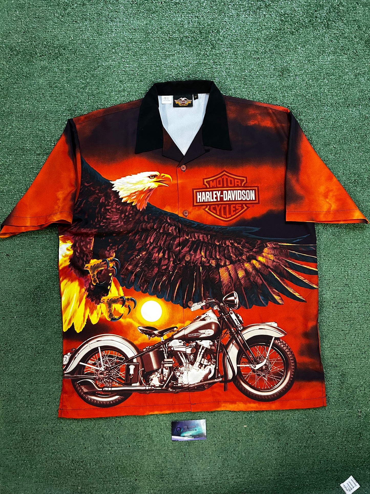 Vintage Harley Davidson eagle all over print orange button up